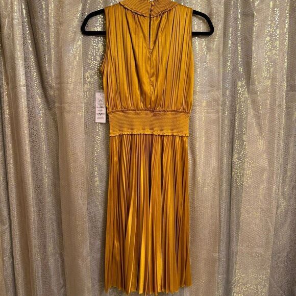 Nanette Lepore Medieval Gold Pleated High Neck Smocked Dress 2 NWT - Picture 2 of 8